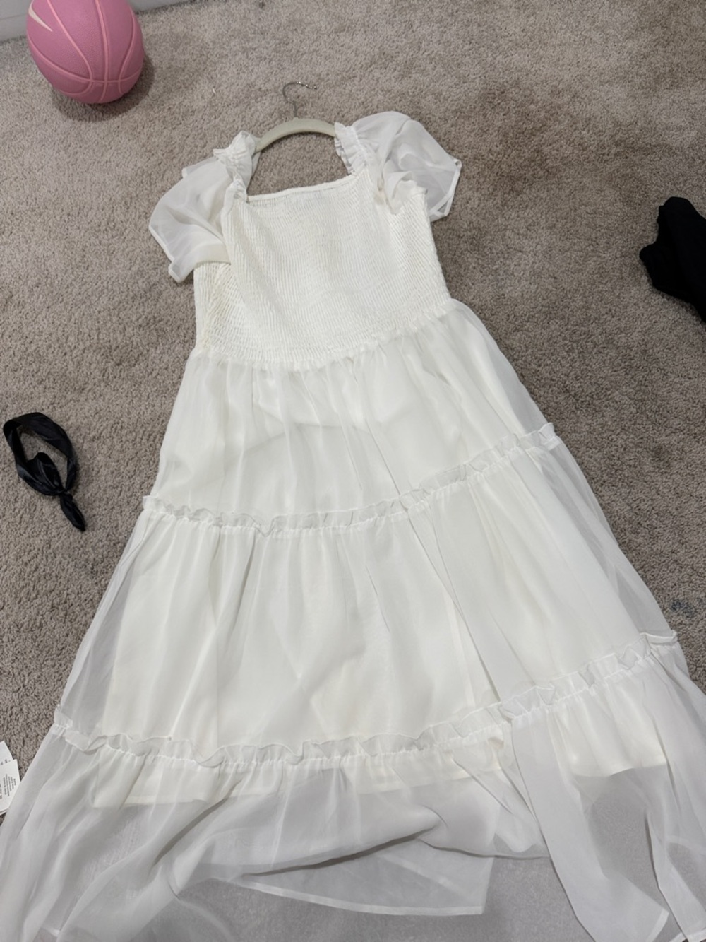 Amazon White Sheer Tiered Maxi Dress with Smocked Bodice